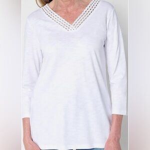 New QVC Belle by Kim Gravel Slub Knit Braided V Neck Top White- XXS